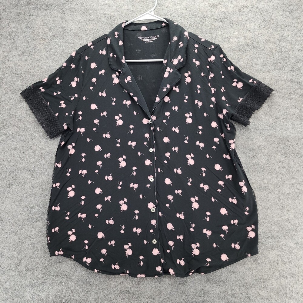 Victoria Secret Pajama Shirt Womens Large Button Up Short Sleeve Black